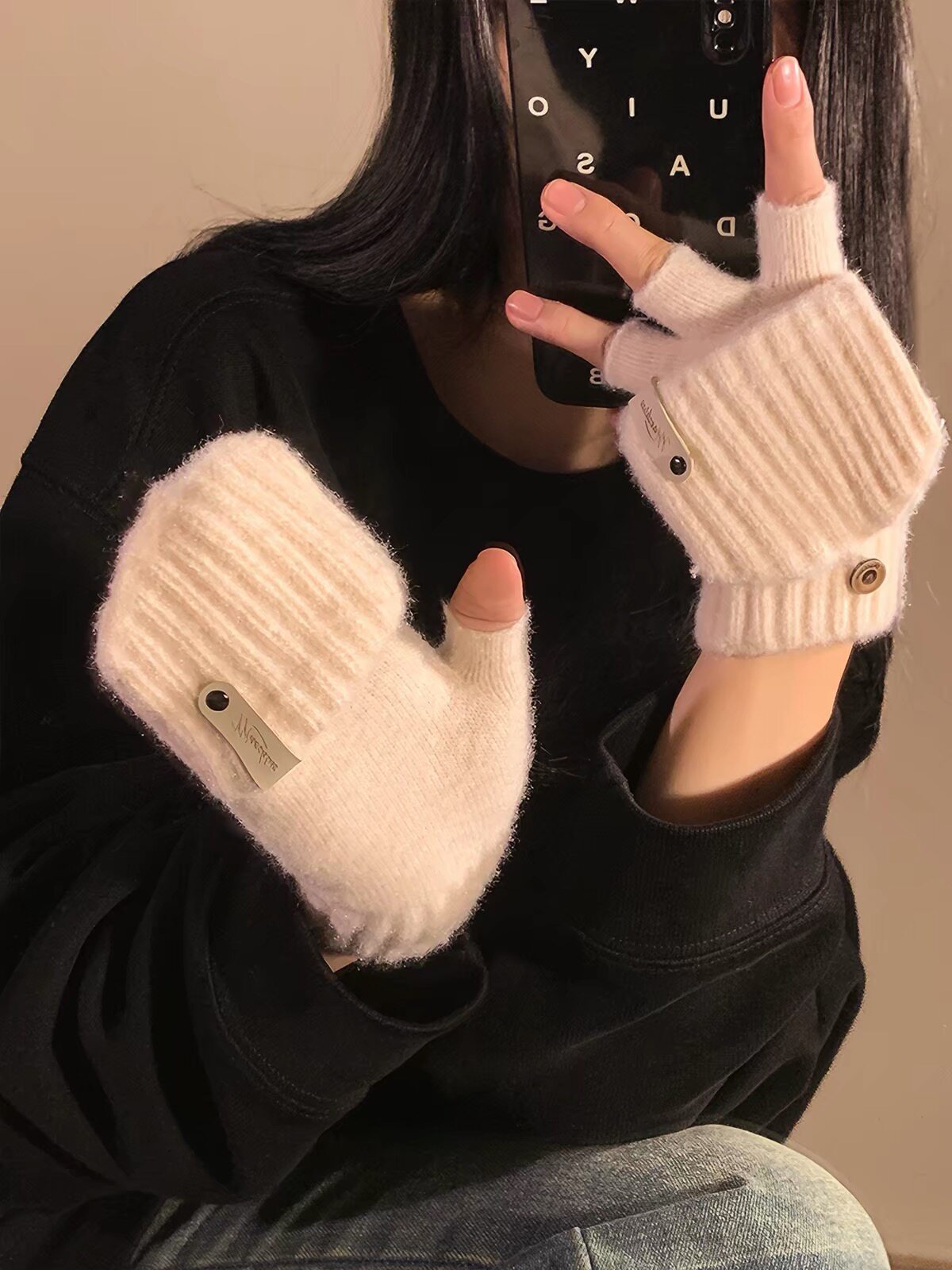 针织翻盖手套女露半指学生写字保暖加厚秋冬季男生防寒骑行可触屏