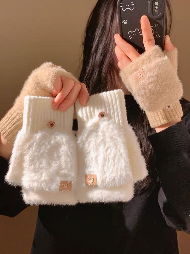 韩版ins风可爱卡通手套女冬季保暖加绒加厚学生骑行防寒手套新款