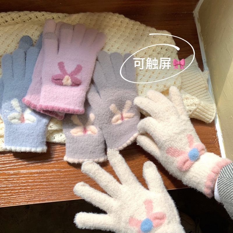 可爱蝴蝶结针织手套女冬季加厚学生保暖骑车防寒毛线可触屏五指新