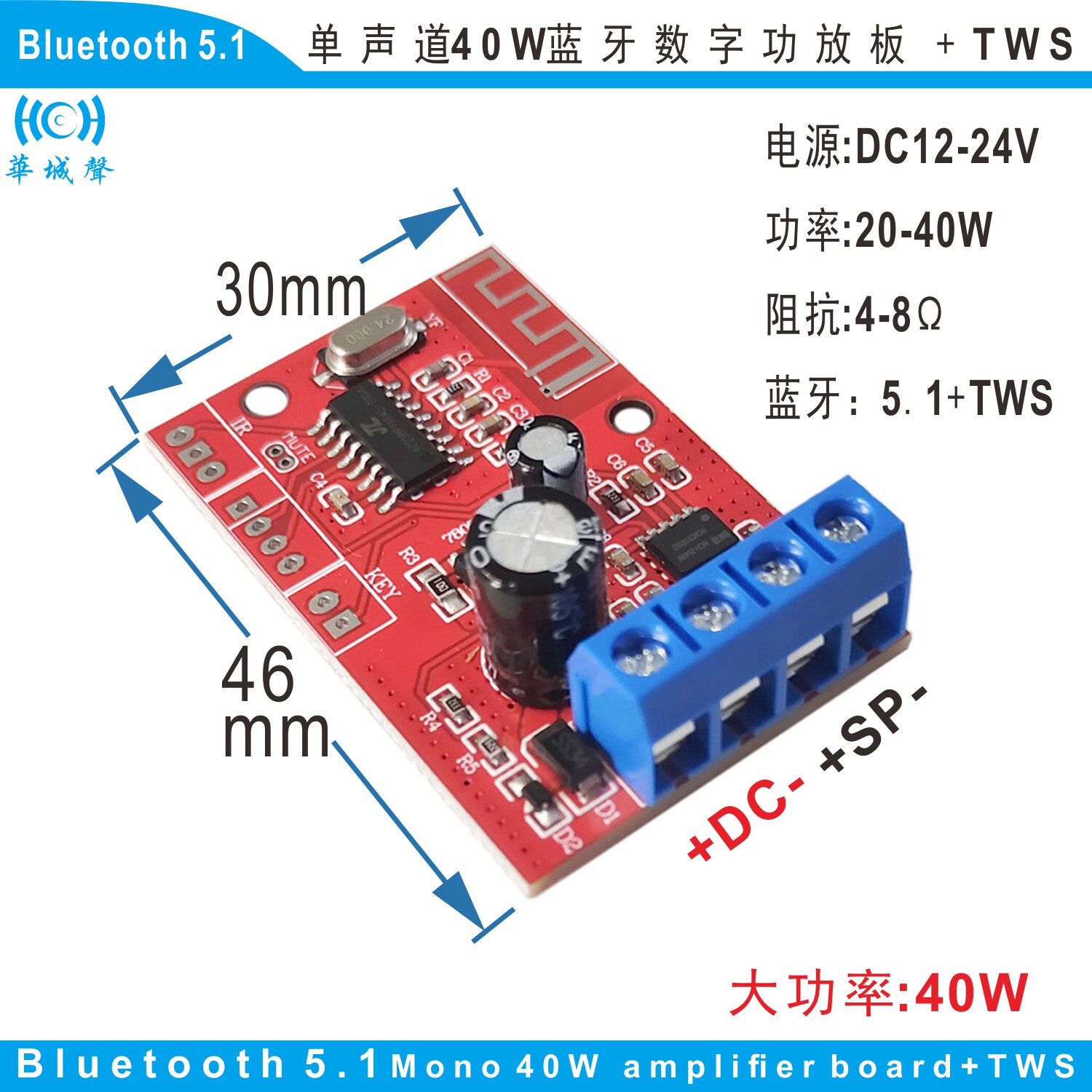 华城声蓝牙5.1单声道40瓦功放板TWS对箱有源音箱吸顶壁挂音响改装