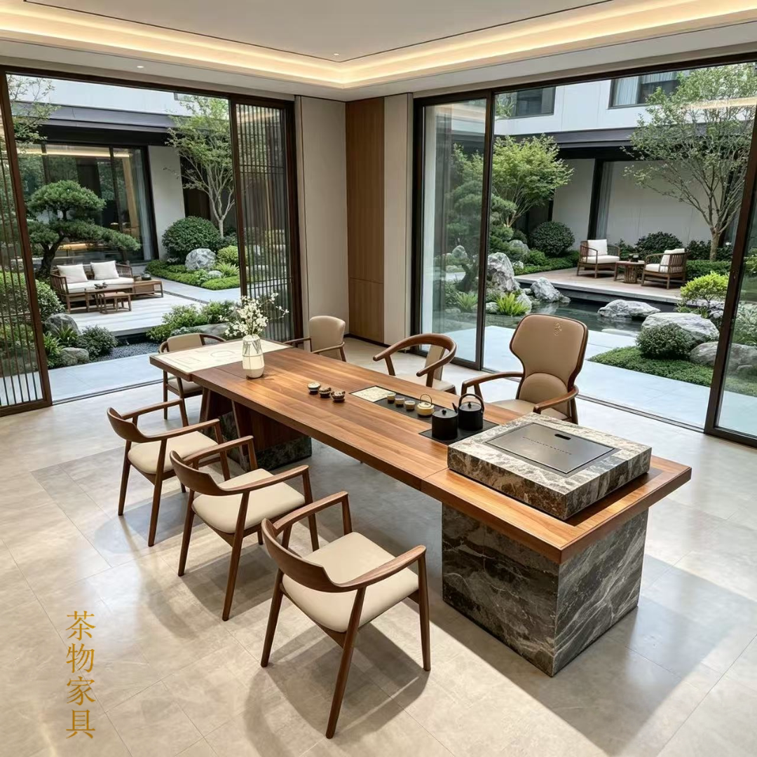 现代简约实木北美黑胡桃茶桌带电磁炉岩板茶台会客接待泡茶桌一体
