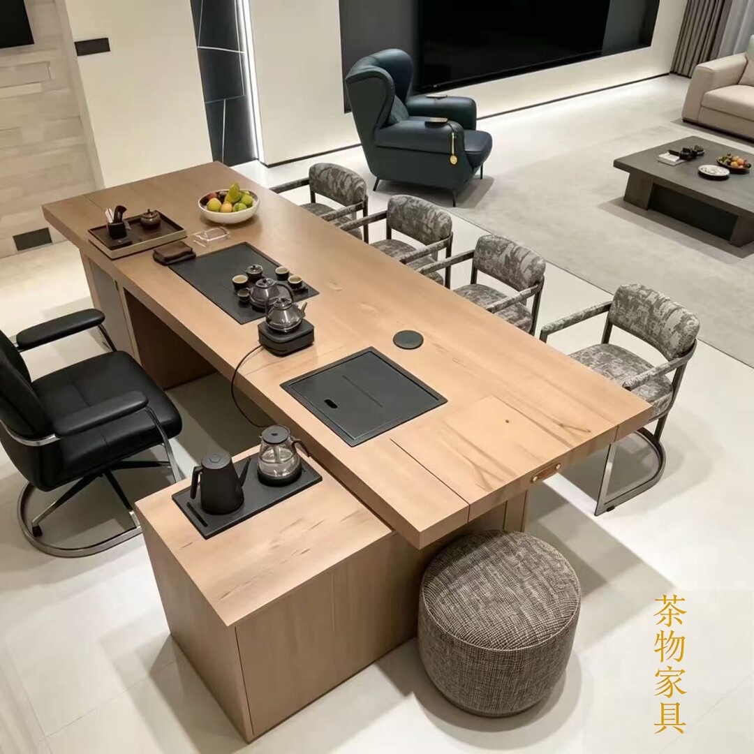 现代简约轻奢实木黑胡桃木茶桌办公室家用客厅设计款茶室茶台