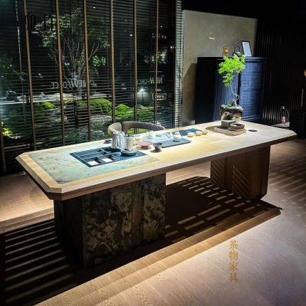 宋式美学轻奢岩板茶桌椅组合办公桌黑胡桃木茶桌办公泡茶一体茶台