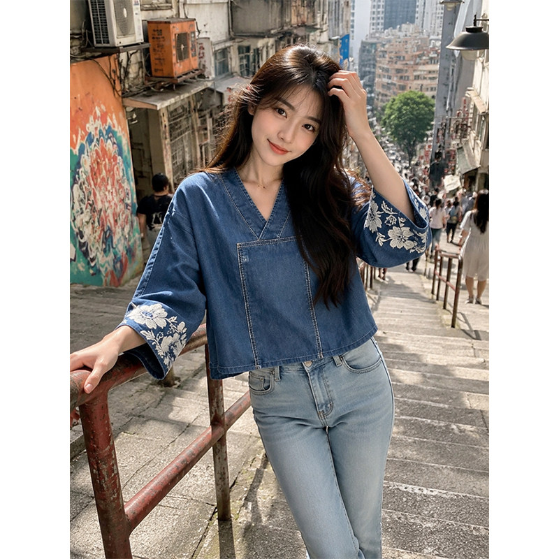 小个子韩系刺绣七分袖衬衫女图片
