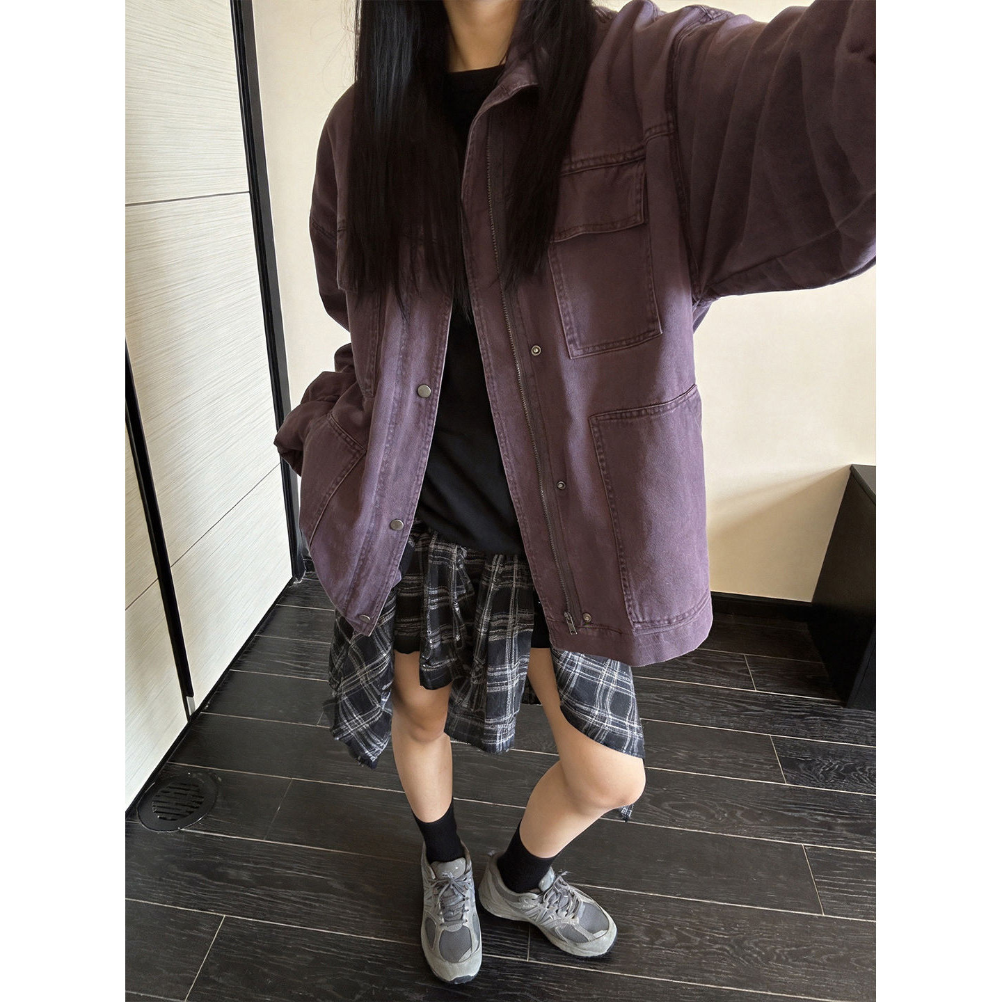 韩系穿搭水磨洗多口袋立领工装外套女秋季休闲宽松中长款风衣上衣