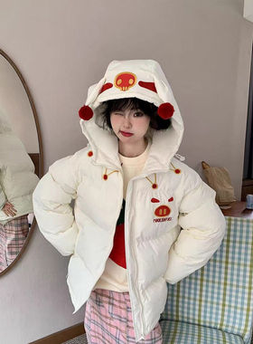 可爱猪猪侠刺绣连帽棉服外套女冬季设计感宽松加绒加厚保暖面包服