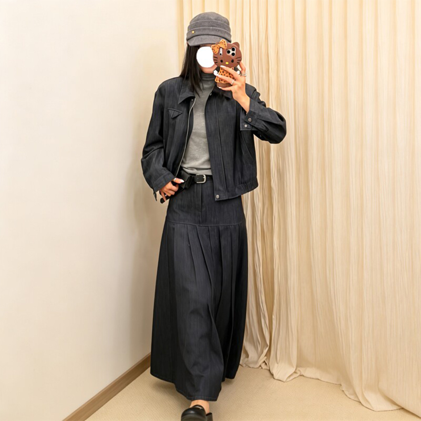 法式复古深蓝牛仔套装女秋季新款高级感短款外套百褶半身裙两件套