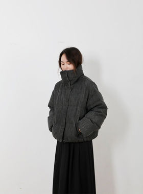 复古黑灰色水洗牛仔棉服外套女冬季加厚保暖宽松慵懒风面包服棉衣