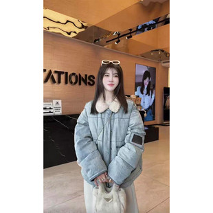 设计感重工牛仔毛毛领棉服外套女2026年冬季毛绒拼接加厚保暖棉衣
