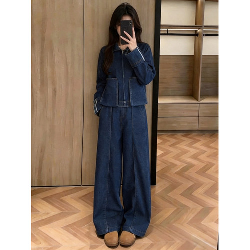 秋季女时髦牛仔大口袋阔腿套装