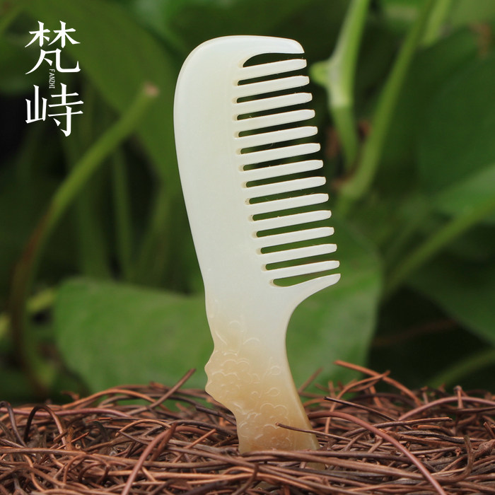 梵峙和田玉黄糖玉白玉梳子吊坠挂件一梳百顺梅花枝按摩送证书