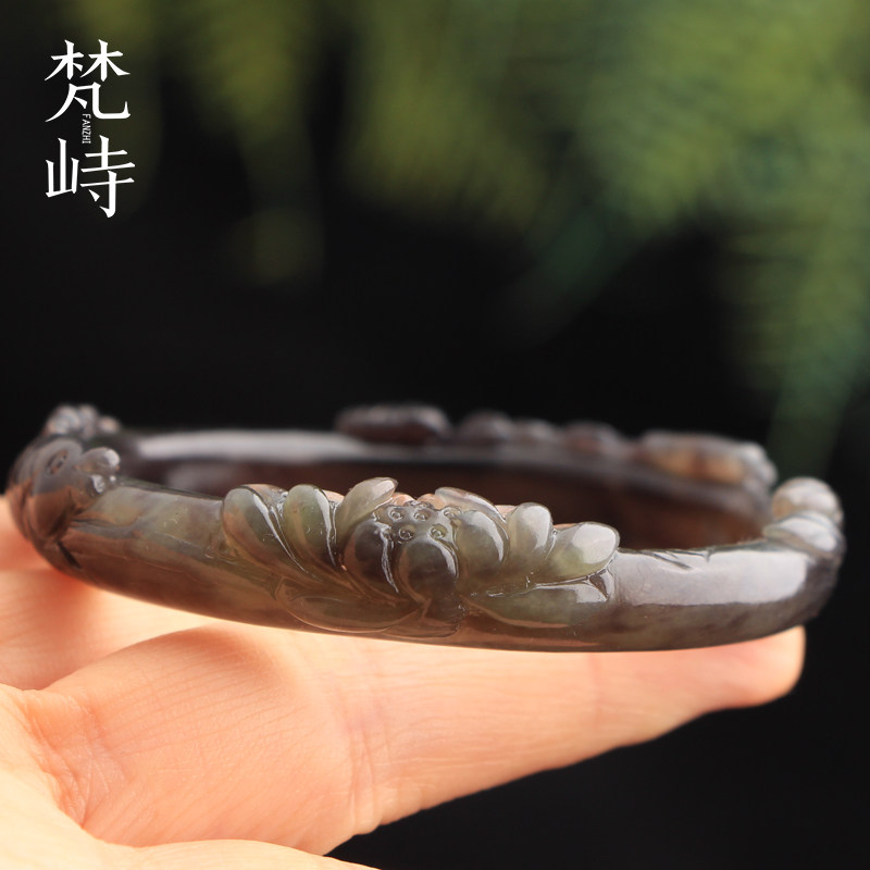 梵峙53.6和田玉手镯烟紫翠青玉莲花锦鲤雕花叮当玉镯送证
