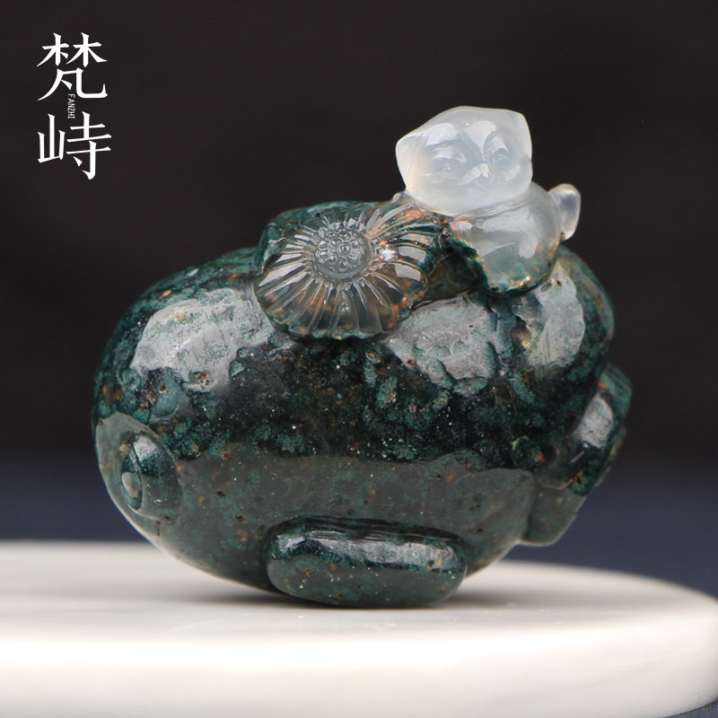 梵峙阿拉善玛瑙小猫潜水艇摆件茶宠萌宠草花冰糖心地表料证书