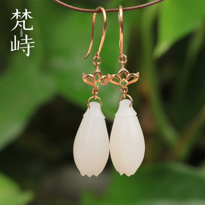 梵峙和田玉白玉18K金镶嵌耳环耳钉玉兰花