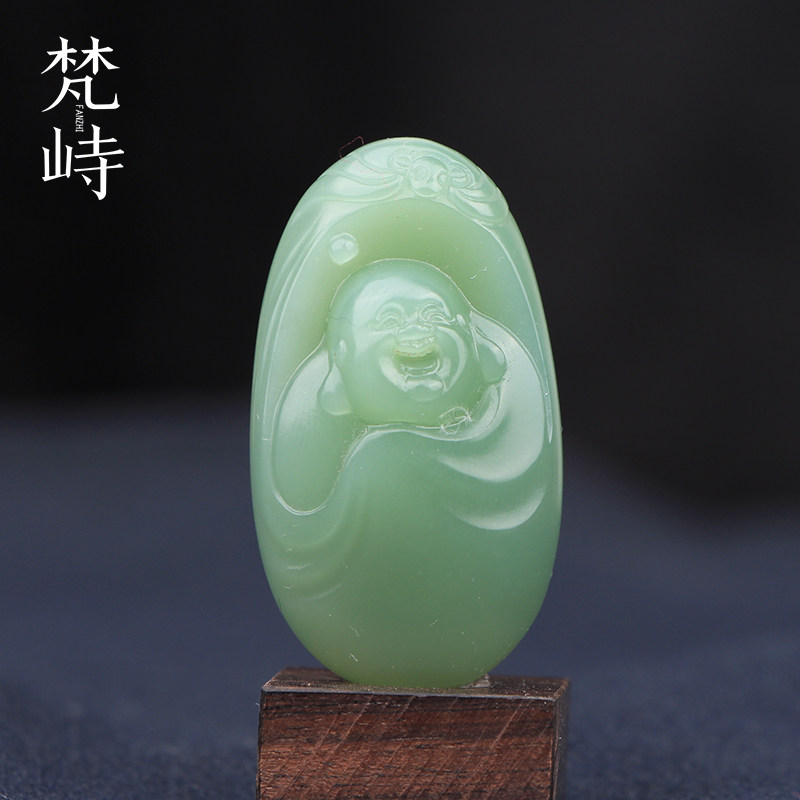 梵峙和田玉碧玉粉青佛公吊坠老料蓝底本命佛弥勒佛笑佛挂件
