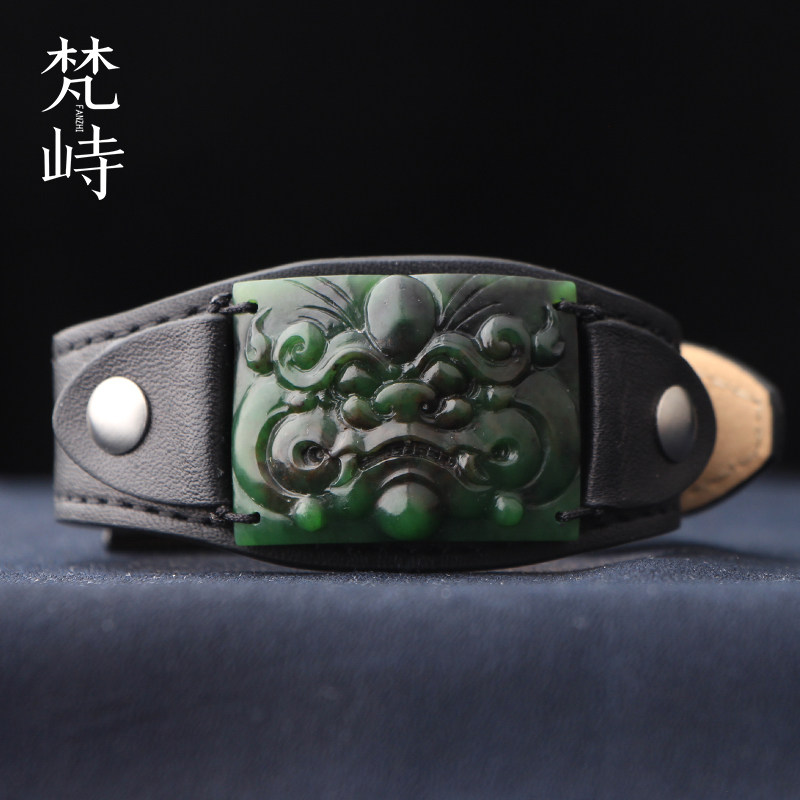 梵峙和田玉碧玉貔貅兽面手镯手环新中式黑皮老料男女款送证书