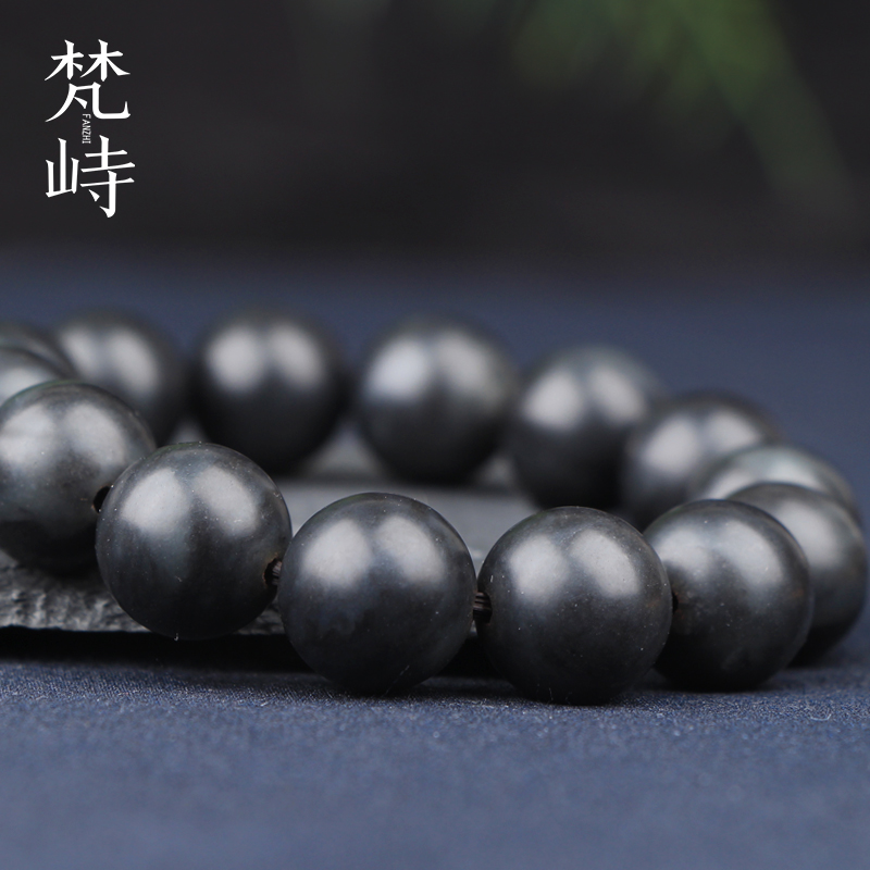 梵峙新疆和田玉籽料青花墨玉手链男款青花玉圆珠手串墨玉14MM