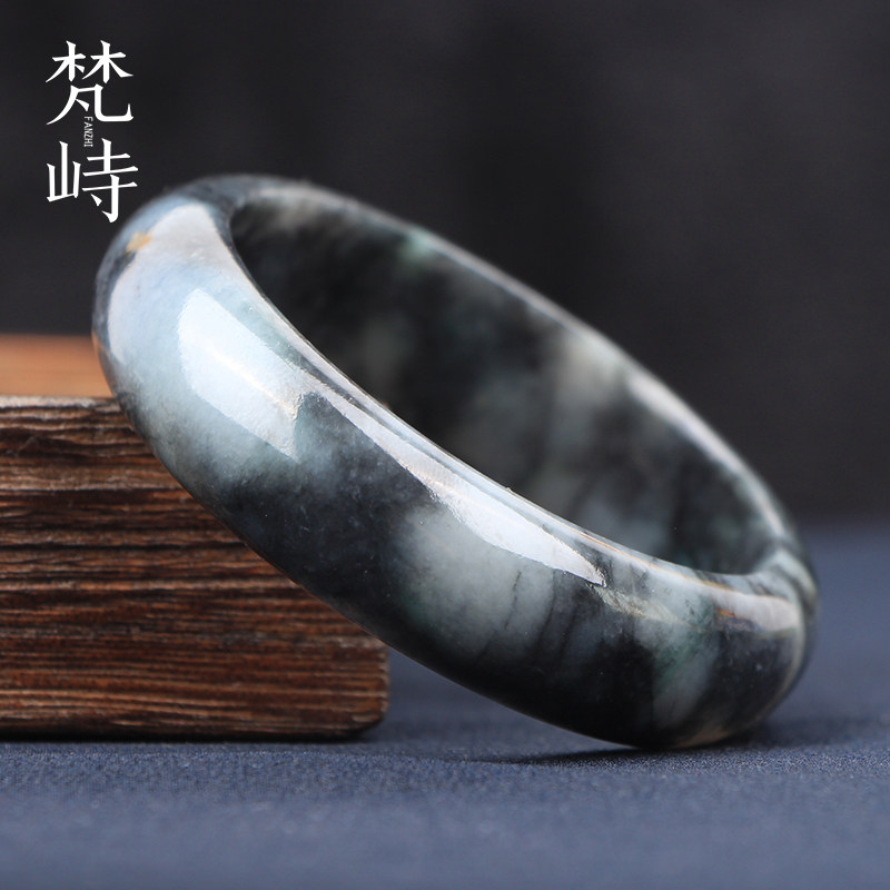 梵峙缅甸翡翠A货黑乌鸡手镯水墨宽边糯种55圈