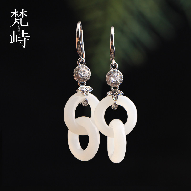 梵峙和田玉白玉复古耳环925银耳坠耳饰环环相扣送证书