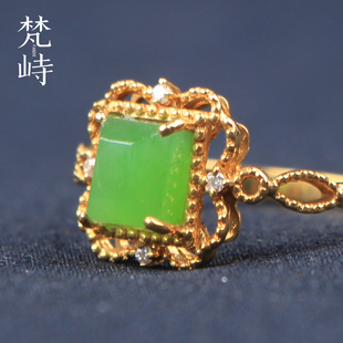 梵峙和田玉碧玉18K金镶嵌苹果绿金指环复古风精致14号
