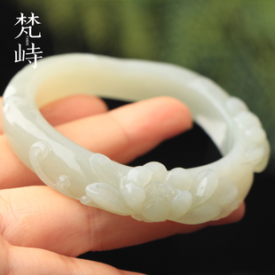 梵峙和田玉手镯新中式青白玉莲花手镯随形雕花新疆且末料送证书