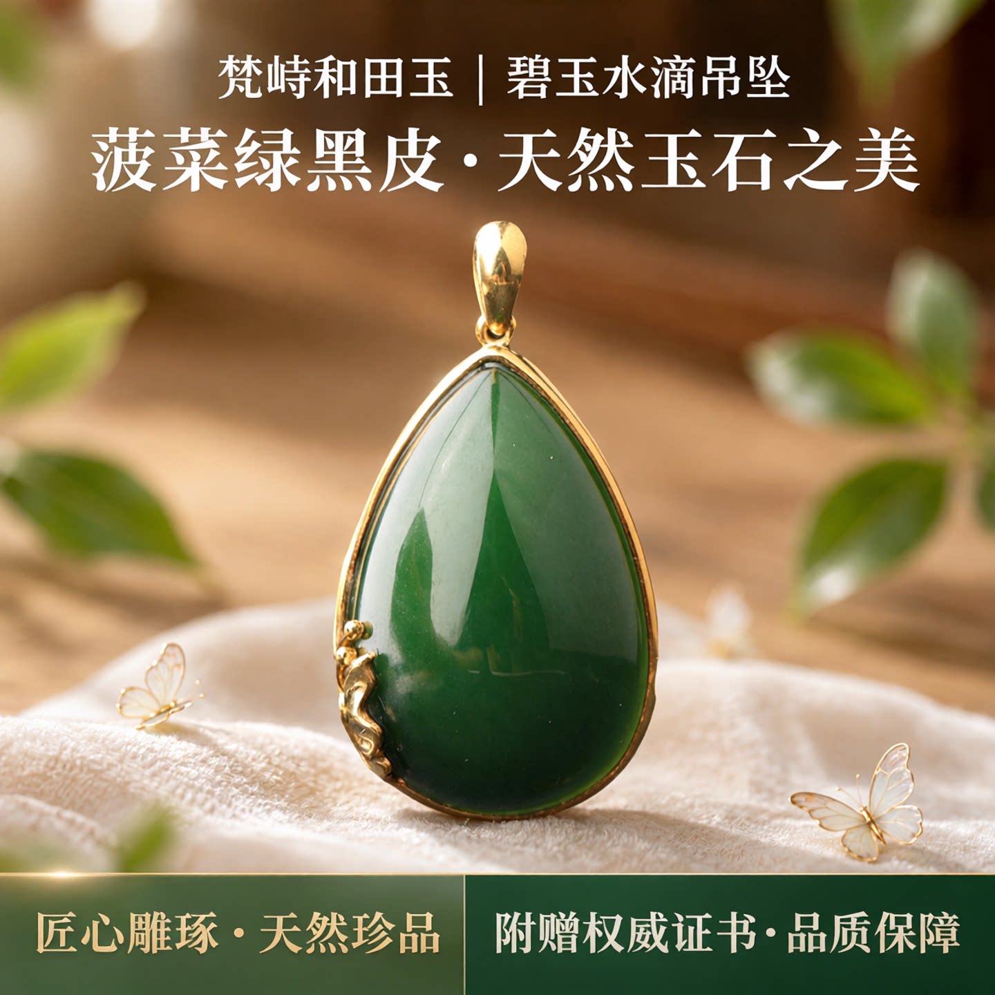 梵峙和田玉碧玉水滴蝴蝶吊坠