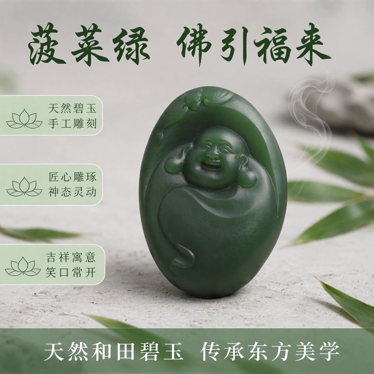 梵峙和田玉碧玉佛公吊坠挂件笑佛弥勒佛菠菜绿