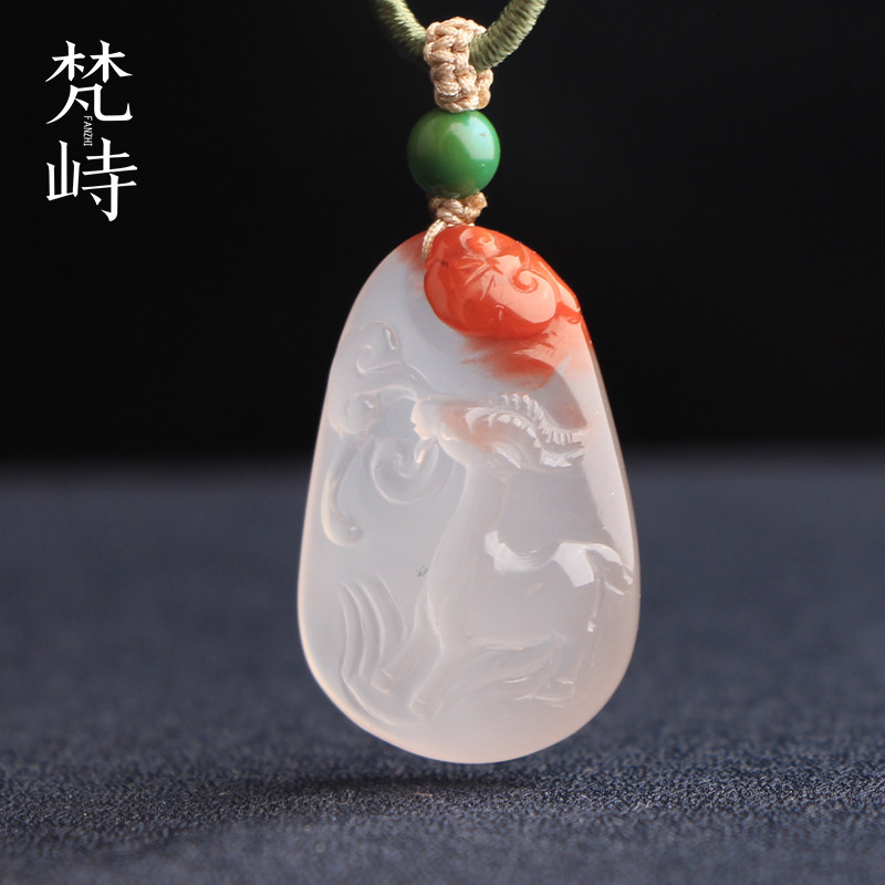 梵峙南红玛瑙生肖羊如意挂件荔枝冻吊坠川料原矿送证书
