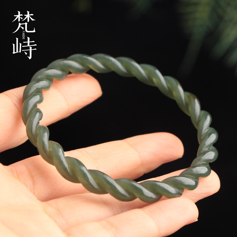 梵峙58和田玉麻花绞丝手镯新疆且末料湖水绿送证书