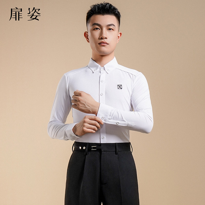 扉姿 男士舞蹈白色衬衫长袖上衣摩登舞服男生专业国标舞品牌正品