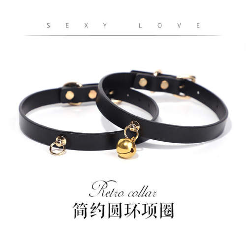 复古简约双层牛皮颈环k9小众chkoer带链真皮狗狗铃铛项圈颈套颈圈