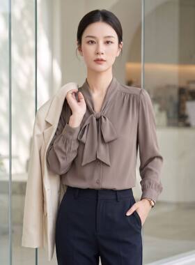 夏季新款桑蚕丝真丝衬衫女中长款飘带衬衣蝴蝶结气质长袖上衣大码
