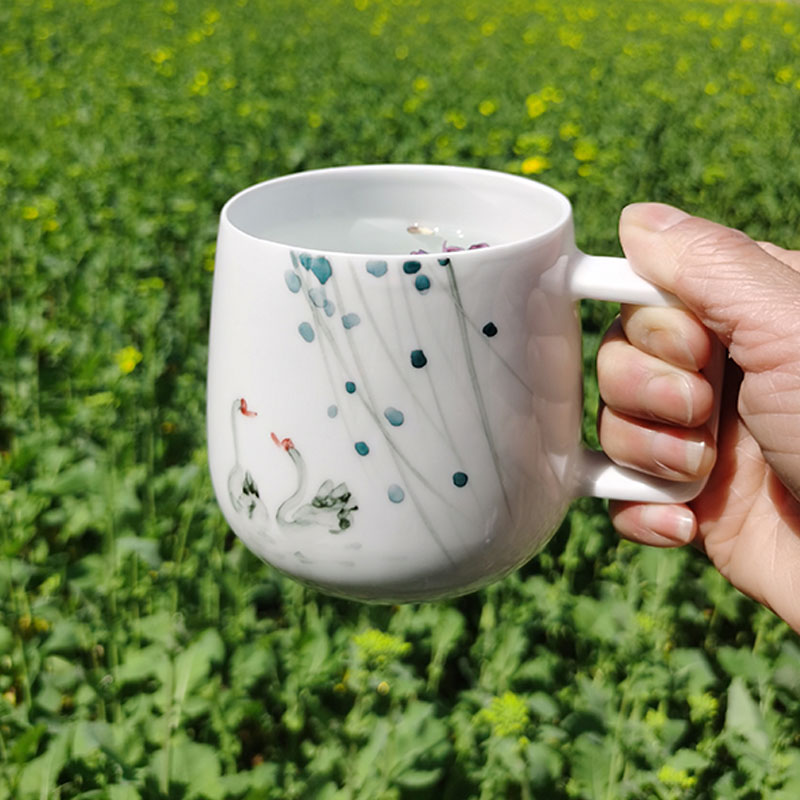 春火苹果杯陶瓷马克杯大容量鹅趣情侣杯子带盖陶瓷水杯艺术家手绘