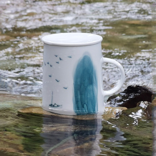 春火水墨江南马克杯带盖大容量创意手绘高温釉下彩诗画江南情侣杯