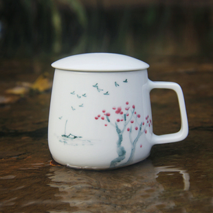 春火 景德镇陶瓷杯创意简约手绘马克杯大容量带盖500ml苹果杯水杯