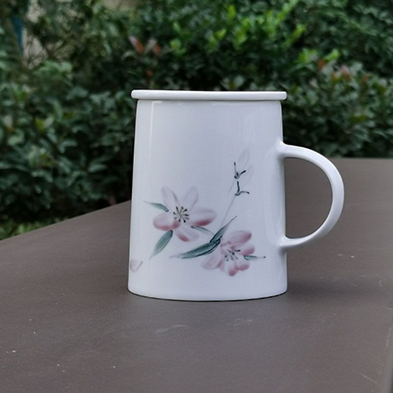 水点桃花马克杯景德镇陶瓷水墨风带盖