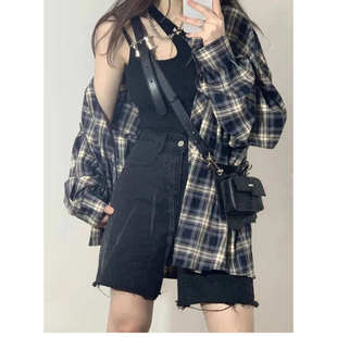 幂式穿搭宽松衬衫女慵懒风长袖防晒格纹衬衣早秋复古格子开衫外套