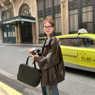 棕色皮衣外套女2025新款 机车蛋白皮宽松立领高级感夹克 酷飒风美式