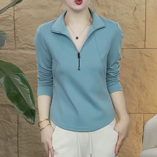 2026春季麦棉吧卫衣半拉链长袖t恤纯色立领妈妈装上衣纯色打底衫