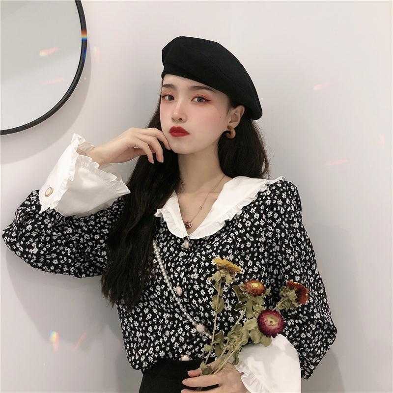 2024新款春秋复古法式碎花衬衫宽松显瘦木耳边V领喇叭长袖上衣女