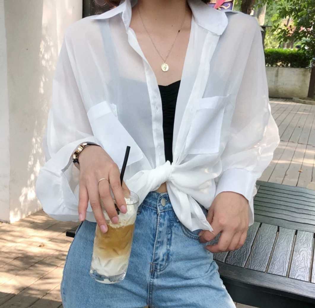 沙滩海边度假雪纺透视防晒衣女夏白色长袖白衬衫女韩范宽松衬女