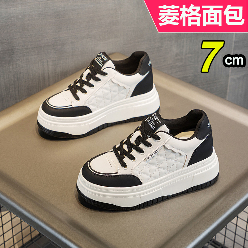 全牛皮板鞋韩版菱格面包女单鞋潮