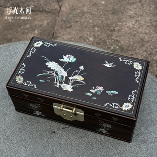 浮光木间 荷塘月色螺钿镶嵌首饰盒老挝大红酸枝高档红木收纳盒