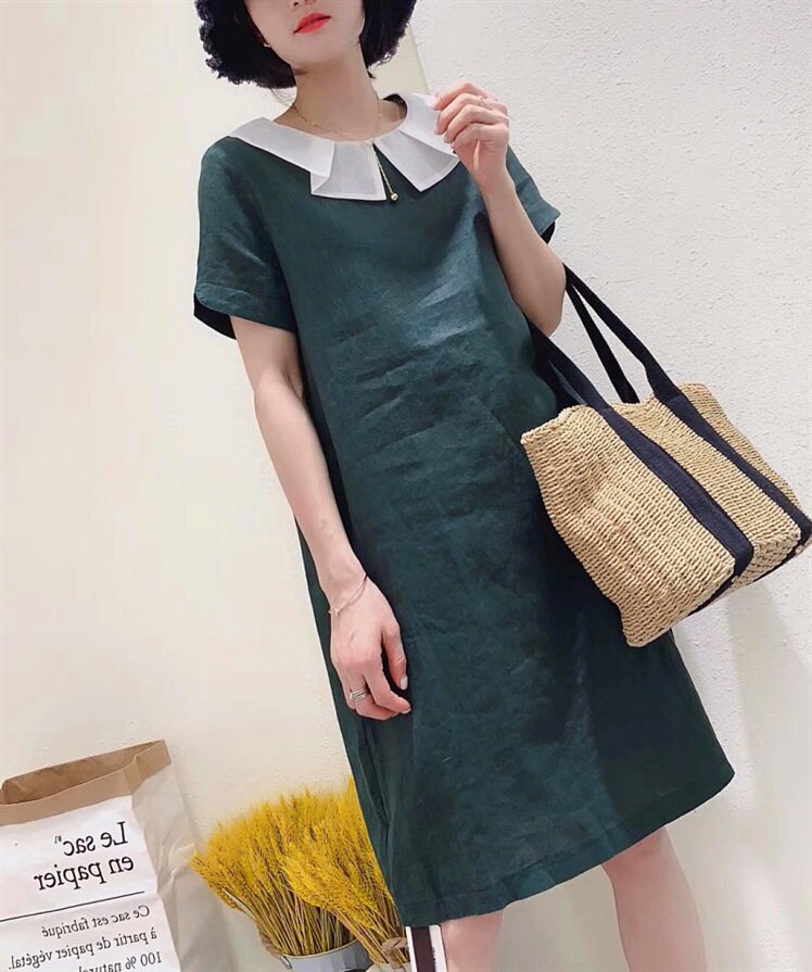 beautiful+棉麻薄款连衣裙2022夏韩范学院风娃娃翻领小清新中长裙