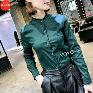 YOYO春季衬衫女立领木耳边韩版小个子百搭显瘦墨绿色加绒长袖衬衣
