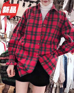 yoyo红色格子衬衫女韩版通勤复古宽松中长款灯笼袖磨毛长袖上衣春