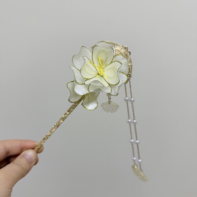 非遗绒花发簪白色栀子花中国风原创设计可做边夹胸针古风超仙
