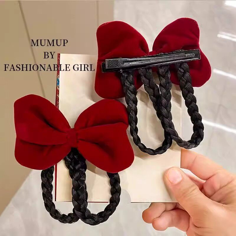 儿童假发头饰抓夹式红色蝴蝶结假发麻花辫子发夹女童演出宝宝发饰