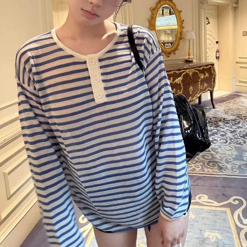 早秋新款慵懒松弛感亨利领条纹针T恤