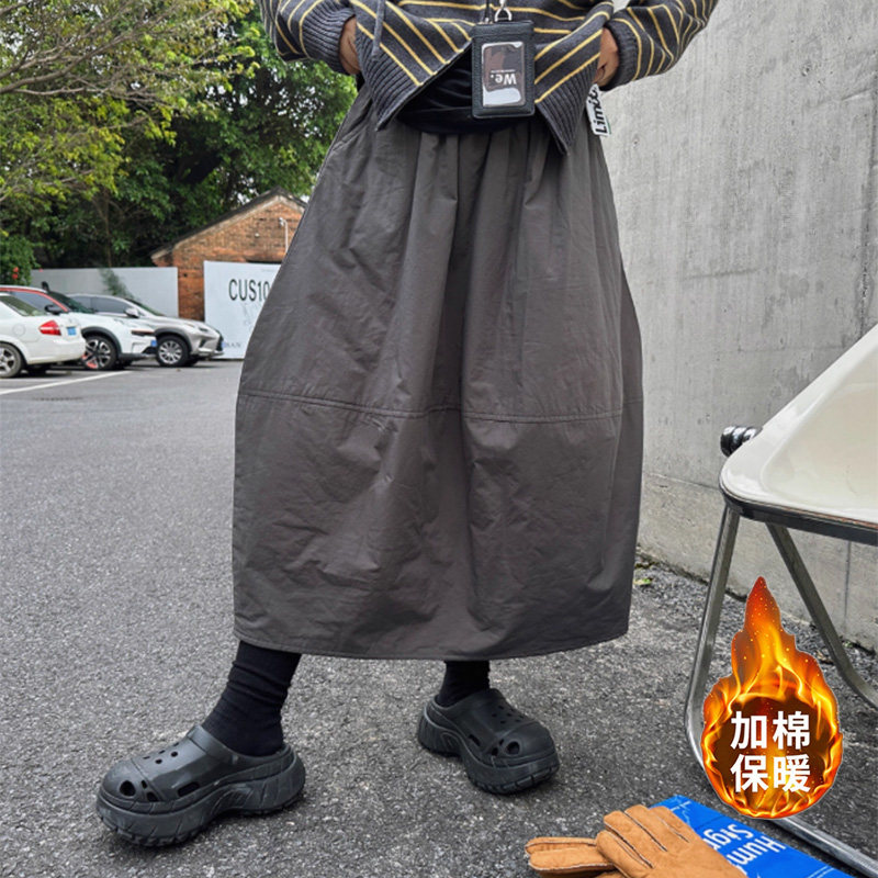 日韩秋冬新款宽松大码胖MM复古百搭休闲时尚保暖纯色加棉半身裙